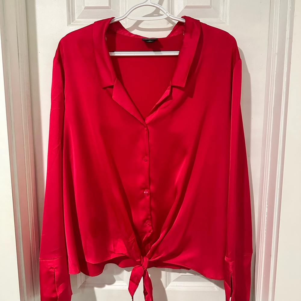 Worthington Red Satin Tie-Front Button-Down Shirt